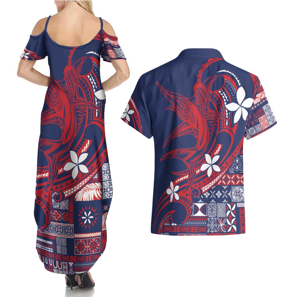 Samoa Manuia le Aso Tuto'atasi Couples Matching Summer Maxi Dress and Hawaiian Shirt Siapo Mamanu Mix Tatau Marlin - Flag Color