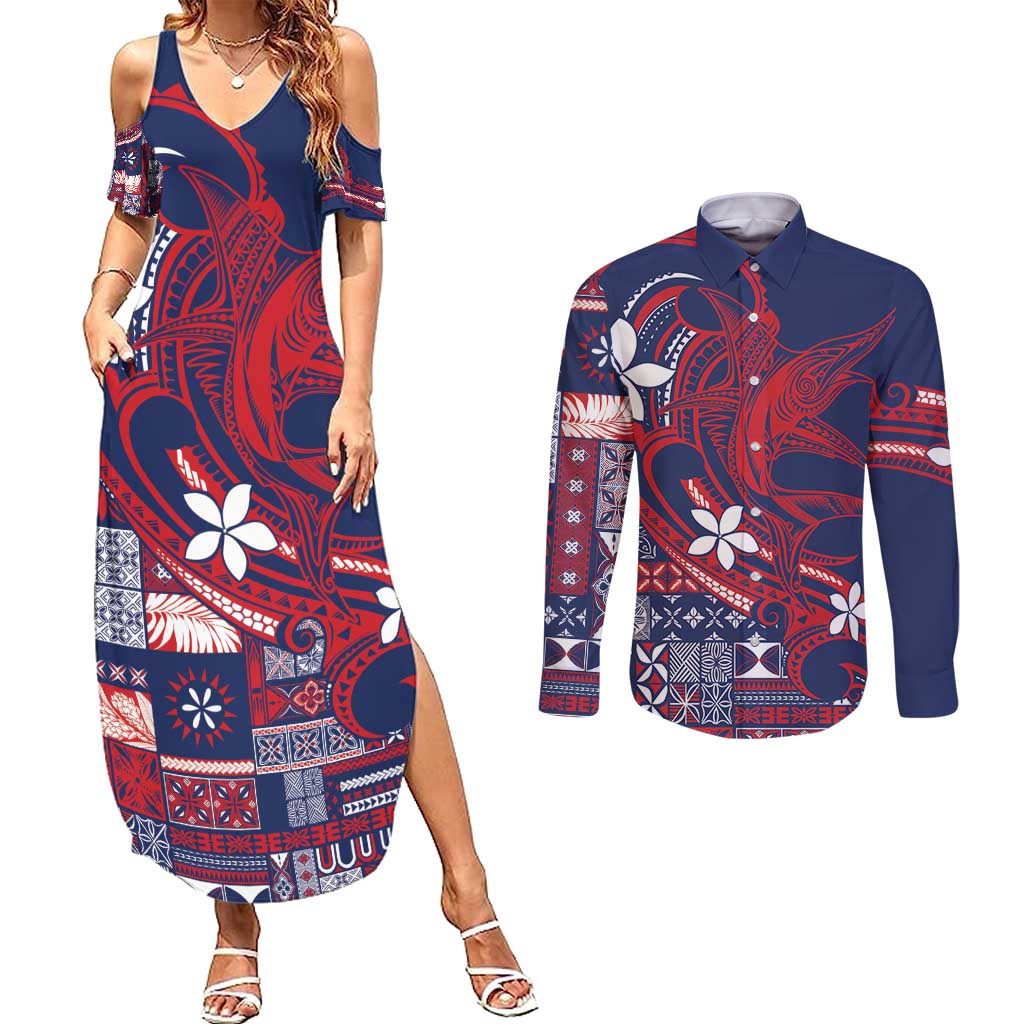 Samoa Manuia le Aso Tuto'atasi Couples Matching Summer Maxi Dress and Long Sleeve Button Shirt Siapo Mamanu Mix Tatau Marlin - Flag Color