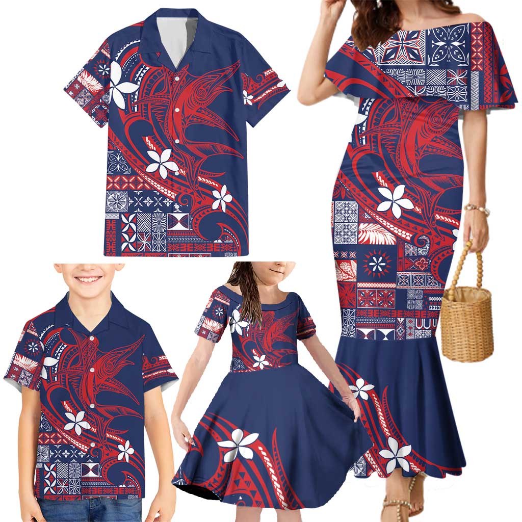Samoa Manuia le Aso Tuto'atasi Family Matching Mermaid Dress and Hawaiian Shirt Siapo Mamanu Mix Tatau Marlin - Flag Color
