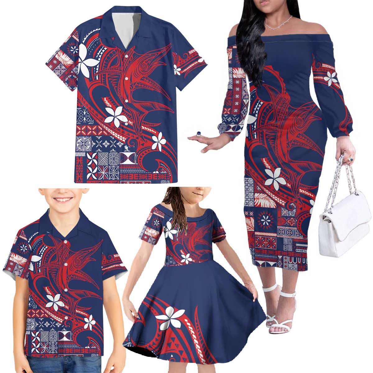 Samoa Manuia le Aso Tuto'atasi Family Matching Off The Shoulder Long Sleeve Dress and Hawaiian Shirt Siapo Mamanu Mix Tatau Marlin - Flag Color