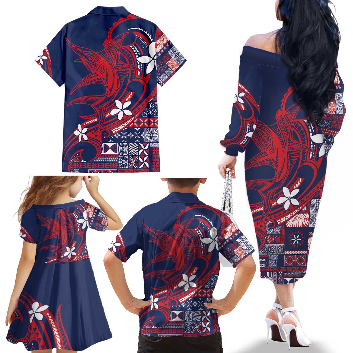 Samoa Manuia le Aso Tuto'atasi Family Matching Off The Shoulder Long Sleeve Dress and Hawaiian Shirt Siapo Mamanu Mix Tatau Marlin - Flag Color