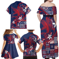Samoa Manuia le Aso Tuto'atasi Family Matching Off Shoulder Maxi Dress and Hawaiian Shirt Siapo Mamanu Mix Tatau Marlin - Flag Color