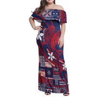 Samoa Manuia le Aso Tuto'atasi Family Matching Off Shoulder Maxi Dress and Hawaiian Shirt Siapo Mamanu Mix Tatau Marlin - Flag Color