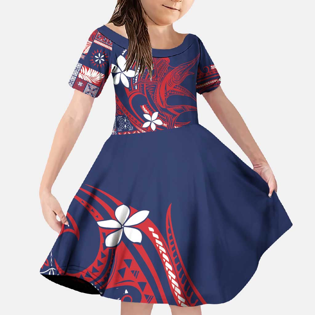 Samoa Manuia le Aso Tuto'atasi Family Matching Tank Maxi Dress and Hawaiian Shirt Siapo Mamanu Mix Tatau Marlin - Flag Color LT7 Daughter's Dress Blue - Polynesian Pride