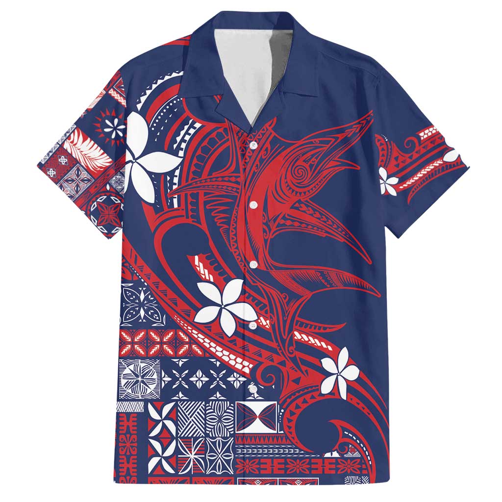 Samoa Manuia le Aso Tuto'atasi Family Matching Tank Maxi Dress and Hawaiian Shirt Siapo Mamanu Mix Tatau Marlin - Flag Color LT7 Dad's Shirt - Short Sleeve Blue - Polynesian Pride