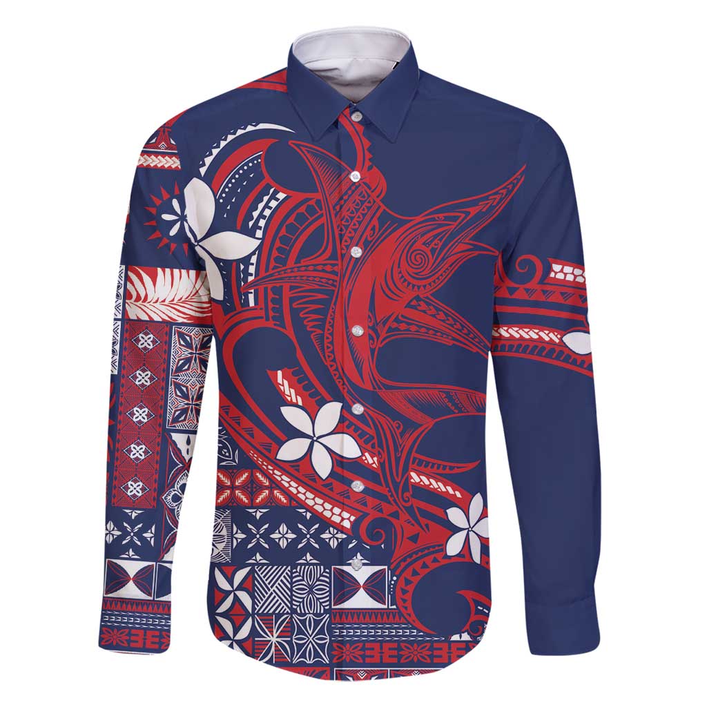 Samoa Manuia le Aso Tuto'atasi Family Matching Tank Maxi Dress and Hawaiian Shirt Siapo Mamanu Mix Tatau Marlin - Flag Color LT7 Dad's Shirt - Long Sleeve Blue - Polynesian Pride