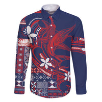 Samoa Manuia le Aso Tuto'atasi Family Matching Tank Maxi Dress and Hawaiian Shirt Siapo Mamanu Mix Tatau Marlin - Flag Color LT7 Dad's Shirt - Long Sleeve Blue - Polynesian Pride