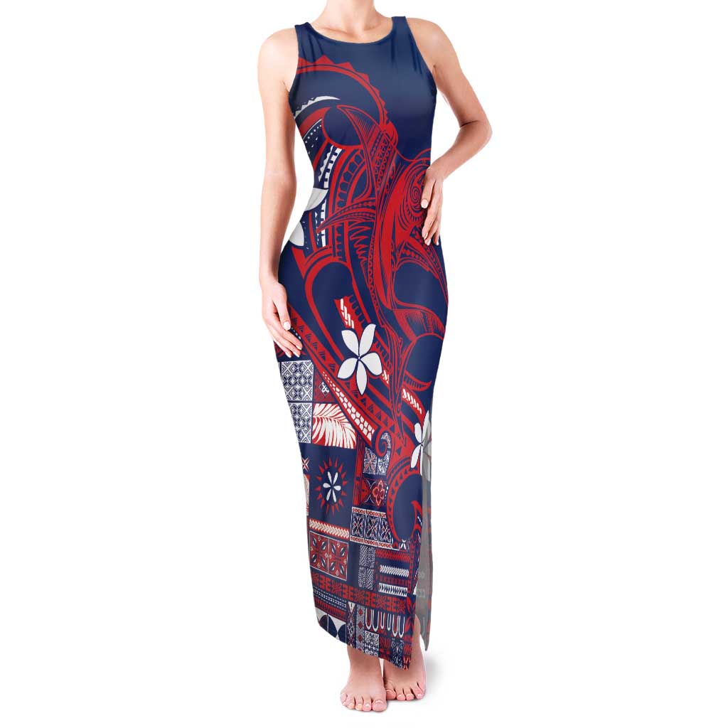 Samoa Manuia le Aso Tuto'atasi Family Matching Tank Maxi Dress and Hawaiian Shirt Siapo Mamanu Mix Tatau Marlin - Flag Color LT7 Mom's Dress Blue - Polynesian Pride