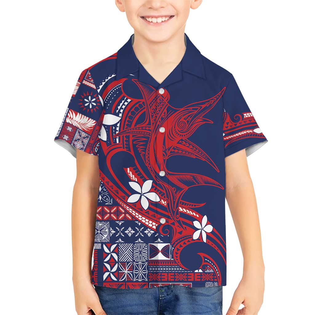 Samoa Manuia le Aso Tuto'atasi Family Matching Tank Maxi Dress and Hawaiian Shirt Siapo Mamanu Mix Tatau Marlin - Flag Color LT7 Son's Shirt Blue - Polynesian Pride