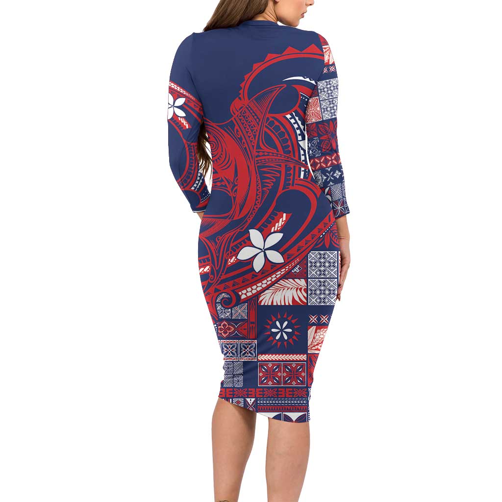Samoa Manuia le Aso Tuto'atasi Long Sleeve Bodycon Dress Siapo Mamanu Mix Tatau Marlin - Flag Color