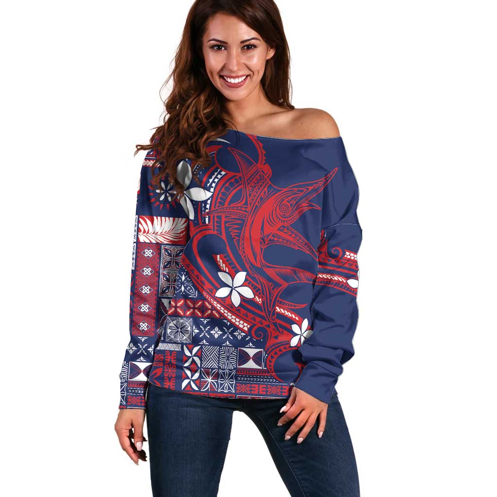 Samoa Manuia le Aso Tuto'atasi Off Shoulder Sweater Siapo Mamanu Mix Tatau Marlin - Flag Color