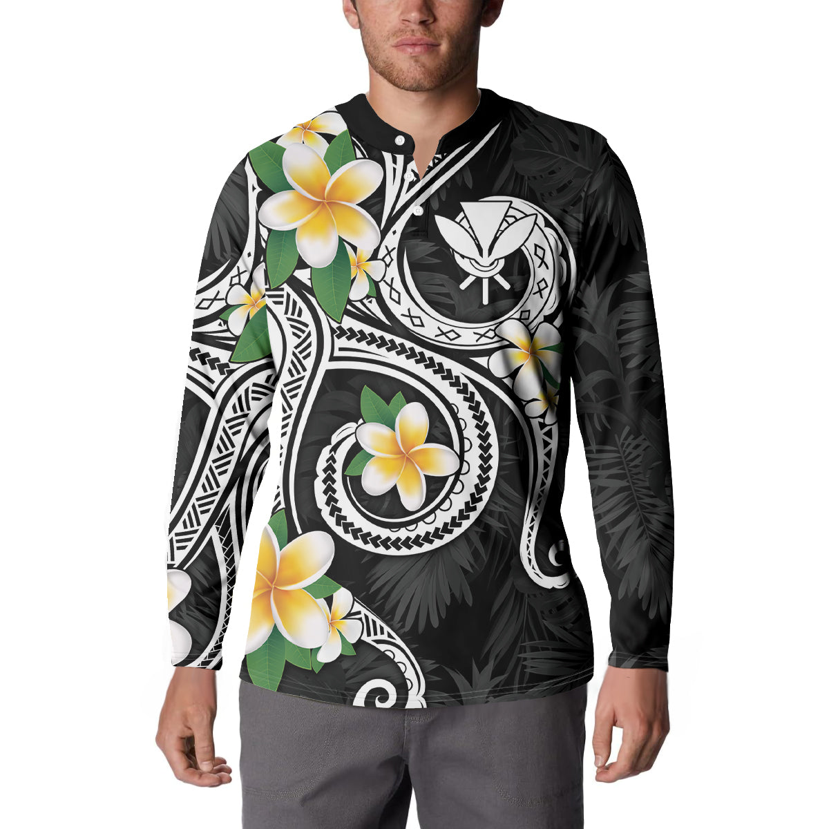 Kanaka Maoli Hawaii Plumeria Button Sweatshirt Dancing Tentacles Black Style