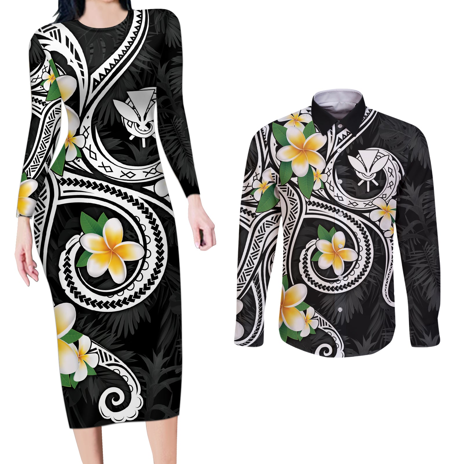 Kanaka Maoli Hawaii Plumeria Couples Matching Long Sleeve Bodycon Dress and Long Sleeve Button Shirt Dancing Tentacles Black Style