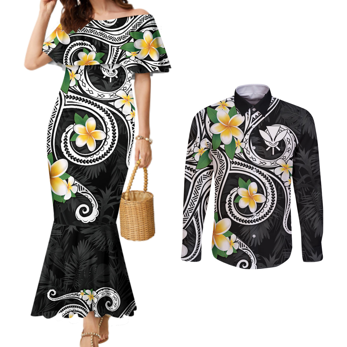 Kanaka Maoli Hawaii Plumeria Couples Matching Mermaid Dress and Long Sleeve Button Shirt Dancing Tentacles Black Style