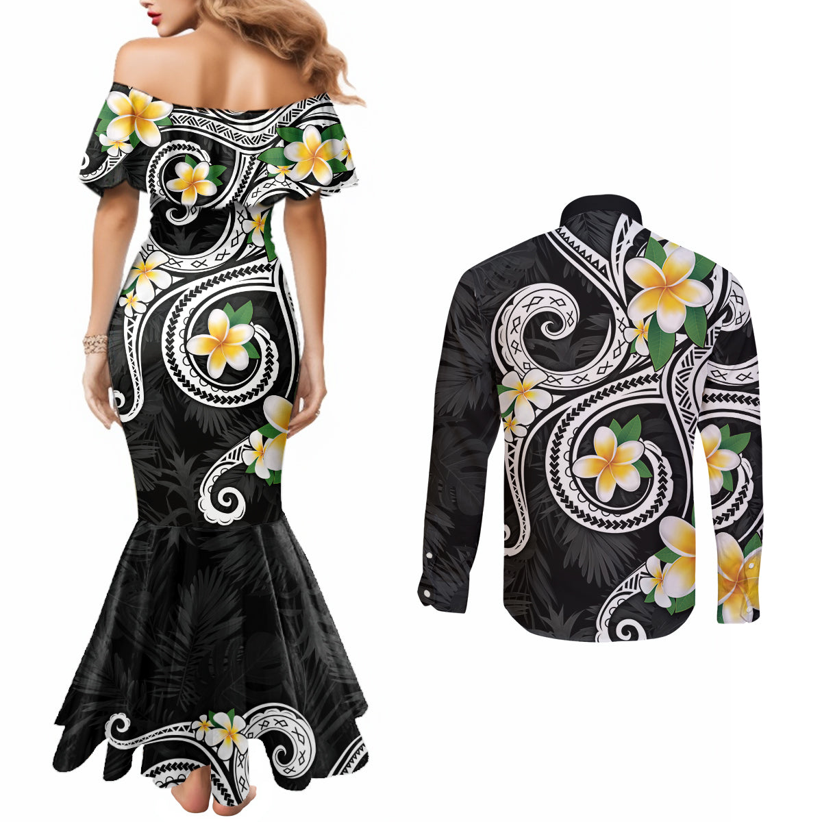 Kanaka Maoli Hawaii Plumeria Couples Matching Mermaid Dress and Long Sleeve Button Shirt Dancing Tentacles Black Style