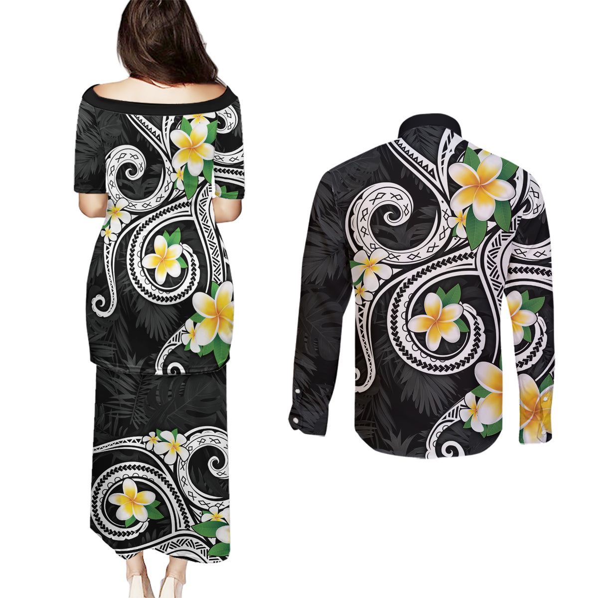 Kanaka Maoli Hawaii Plumeria Couples Matching Puletasi and Long Sleeve Button Shirt Dancing Tentacles Black Style