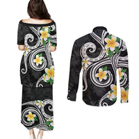 Kanaka Maoli Hawaii Plumeria Couples Matching Puletasi and Long Sleeve Button Shirt Dancing Tentacles Black Style