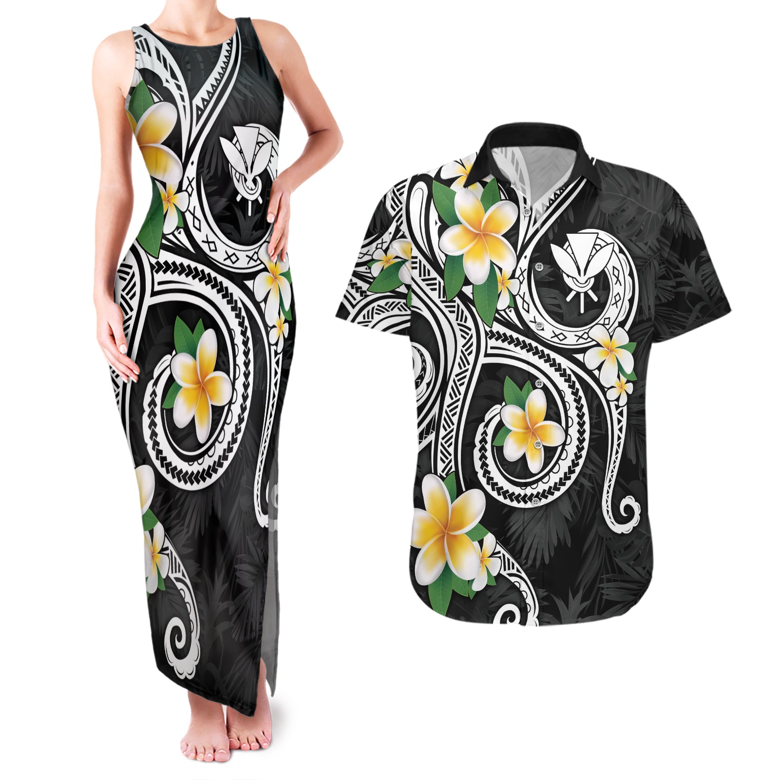 Kanaka Maoli Hawaii Plumeria Couples Matching Tank Maxi Dress and Hawaiian Shirt Dancing Tentacles Black Style