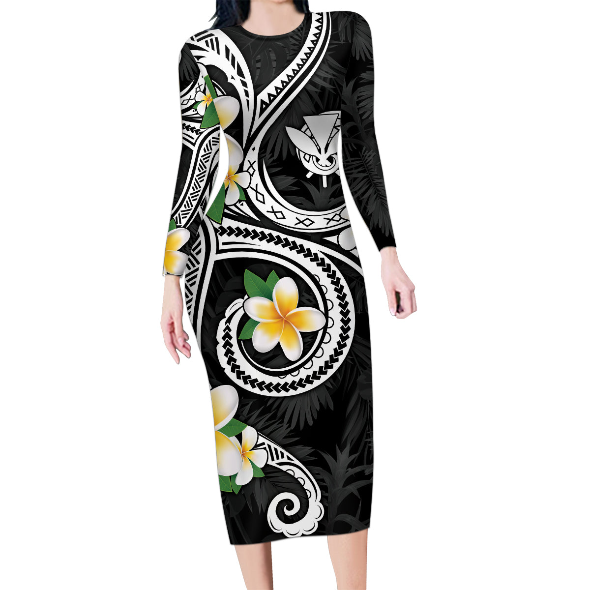Kanaka Maoli Hawaii Plumeria Family Matching Long Sleeve Bodycon Dress and Hawaiian Shirt Dancing Tentacles Black Style