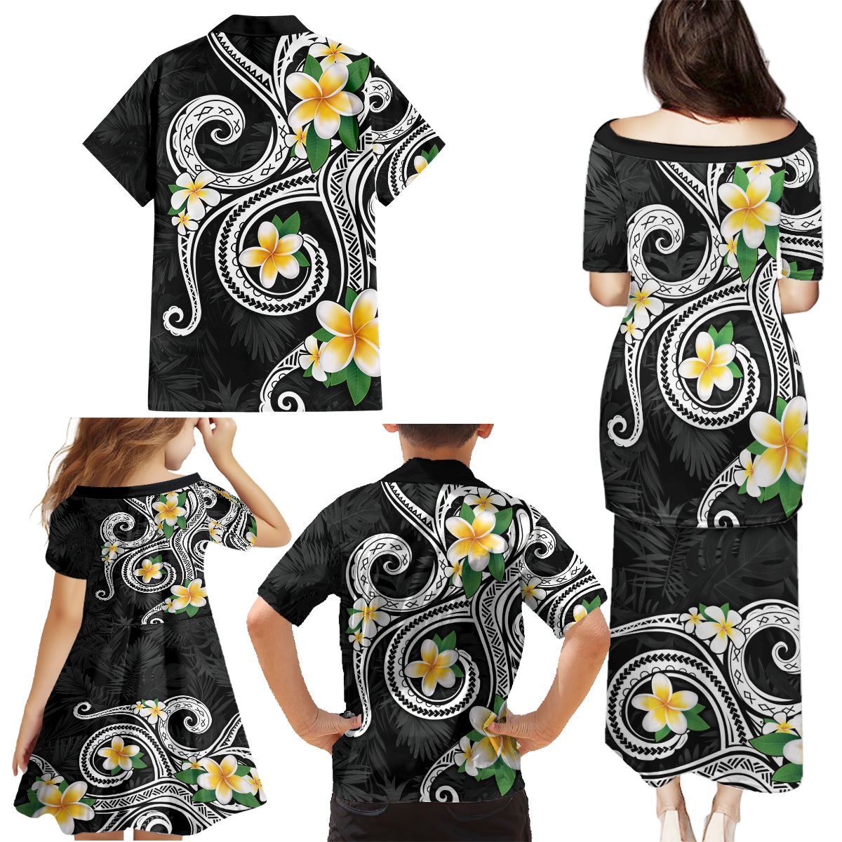 Kanaka Maoli Hawaii Plumeria Family Matching Puletasi and Hawaiian Shirt Dancing Tentacles Black Style