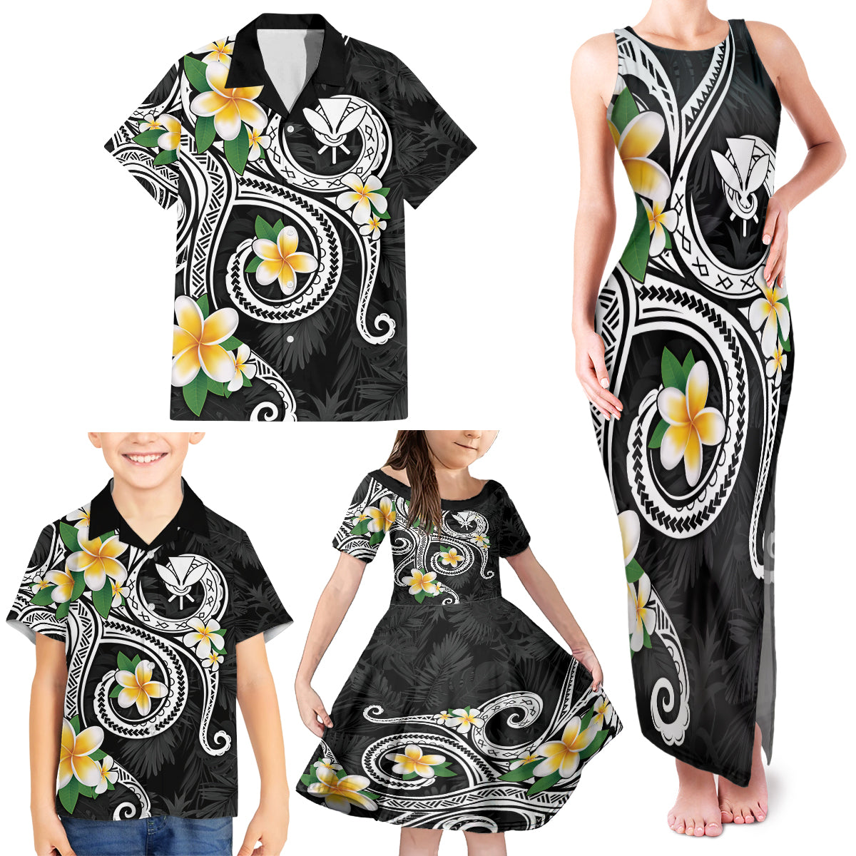 Kanaka Maoli Hawaii Plumeria Family Matching Tank Maxi Dress and Hawaiian Shirt Dancing Tentacles Black Style