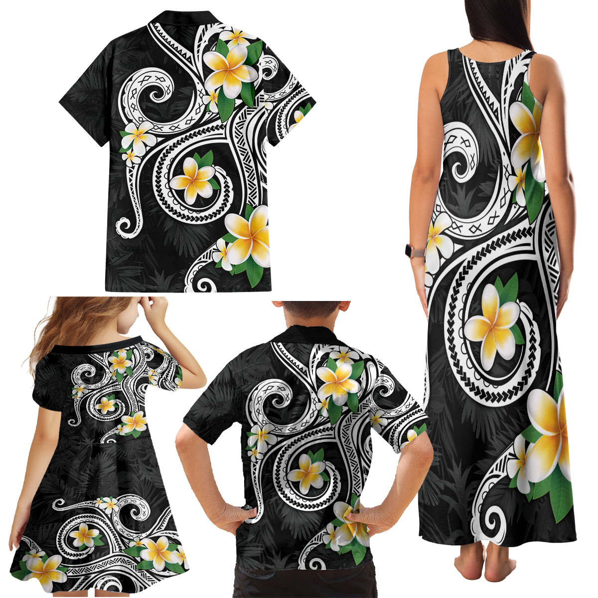 Kanaka Maoli Hawaii Plumeria Family Matching Tank Maxi Dress and Hawaiian Shirt Dancing Tentacles Black Style