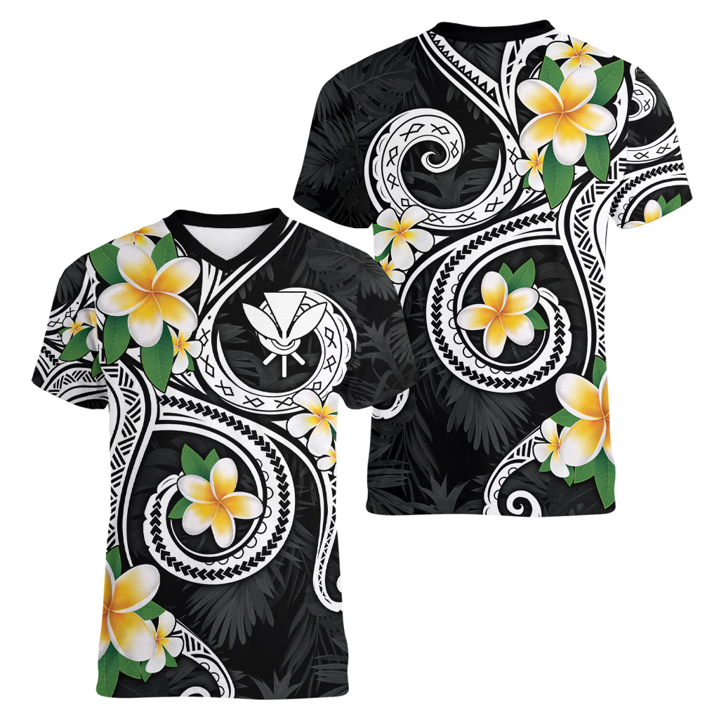 Kanaka Maoli Hawaii Plumeria Women V-Neck T-Shirt Dancing Tentacles Black Style