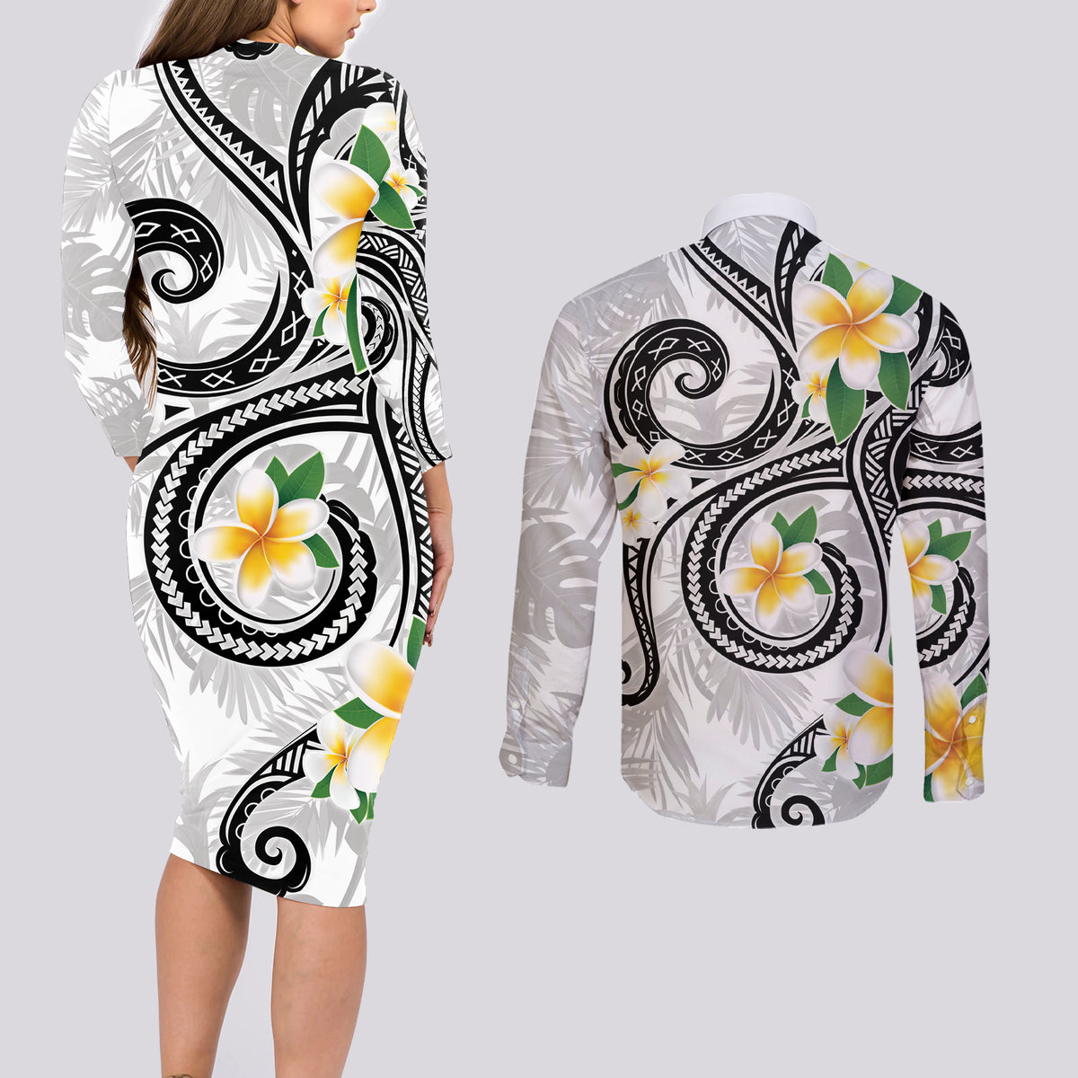 Kanaka Maoli Hawaii Plumeria Couples Matching Long Sleeve Bodycon Dress and Long Sleeve Button Shirt Dancing Tentacles White Style