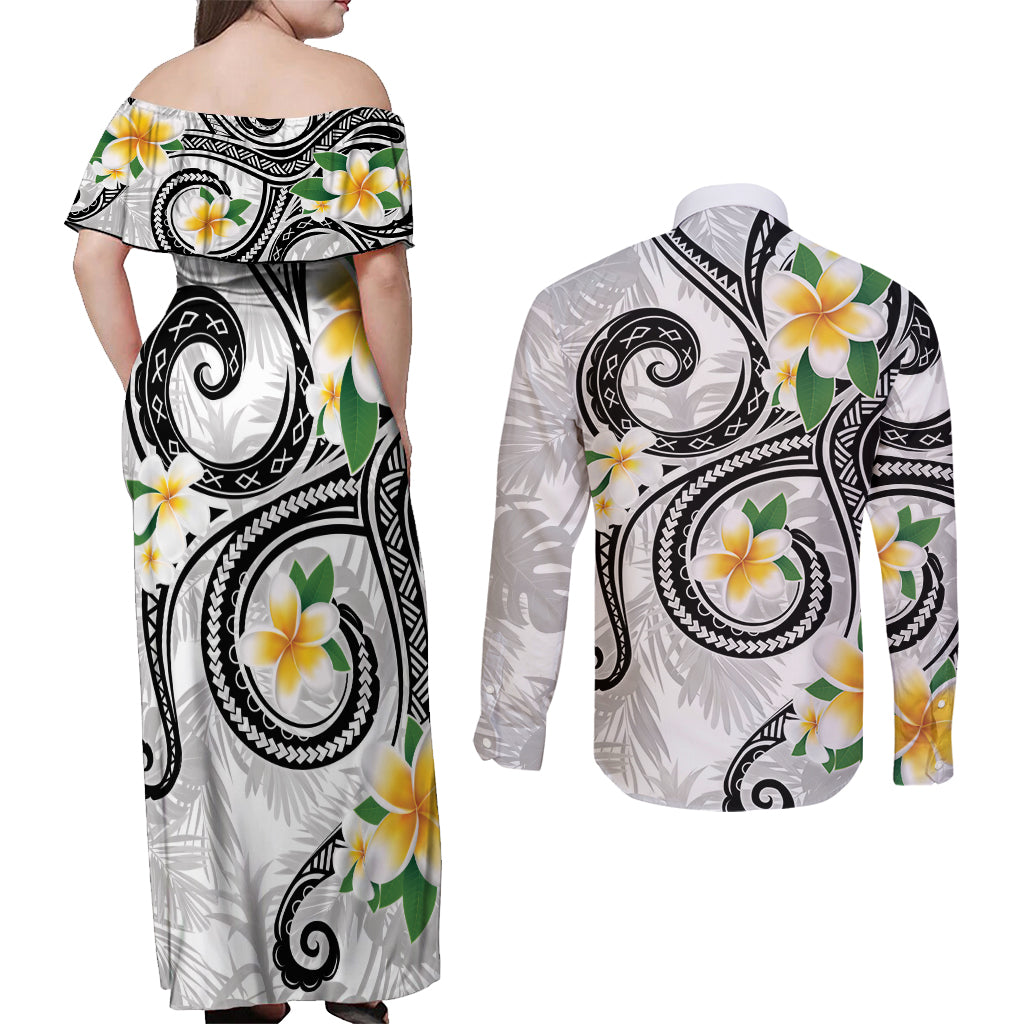 Kanaka Maoli Hawaii Plumeria Couples Matching Off Shoulder Maxi Dress and Long Sleeve Button Shirt Dancing Tentacles White Style