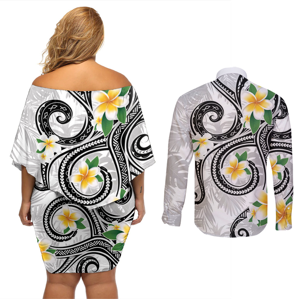 Kanaka Maoli Hawaii Plumeria Couples Matching Off Shoulder Short Dress and Long Sleeve Button Shirt Dancing Tentacles White Style
