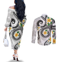 Kanaka Maoli Hawaii Plumeria Couples Matching Off The Shoulder Long Sleeve Dress and Long Sleeve Button Shirt Dancing Tentacles White Style