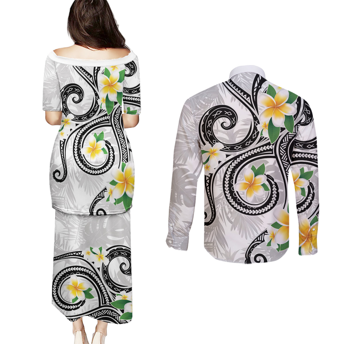 Kanaka Maoli Hawaii Plumeria Couples Matching Puletasi and Long Sleeve Button Shirt Dancing Tentacles White Style