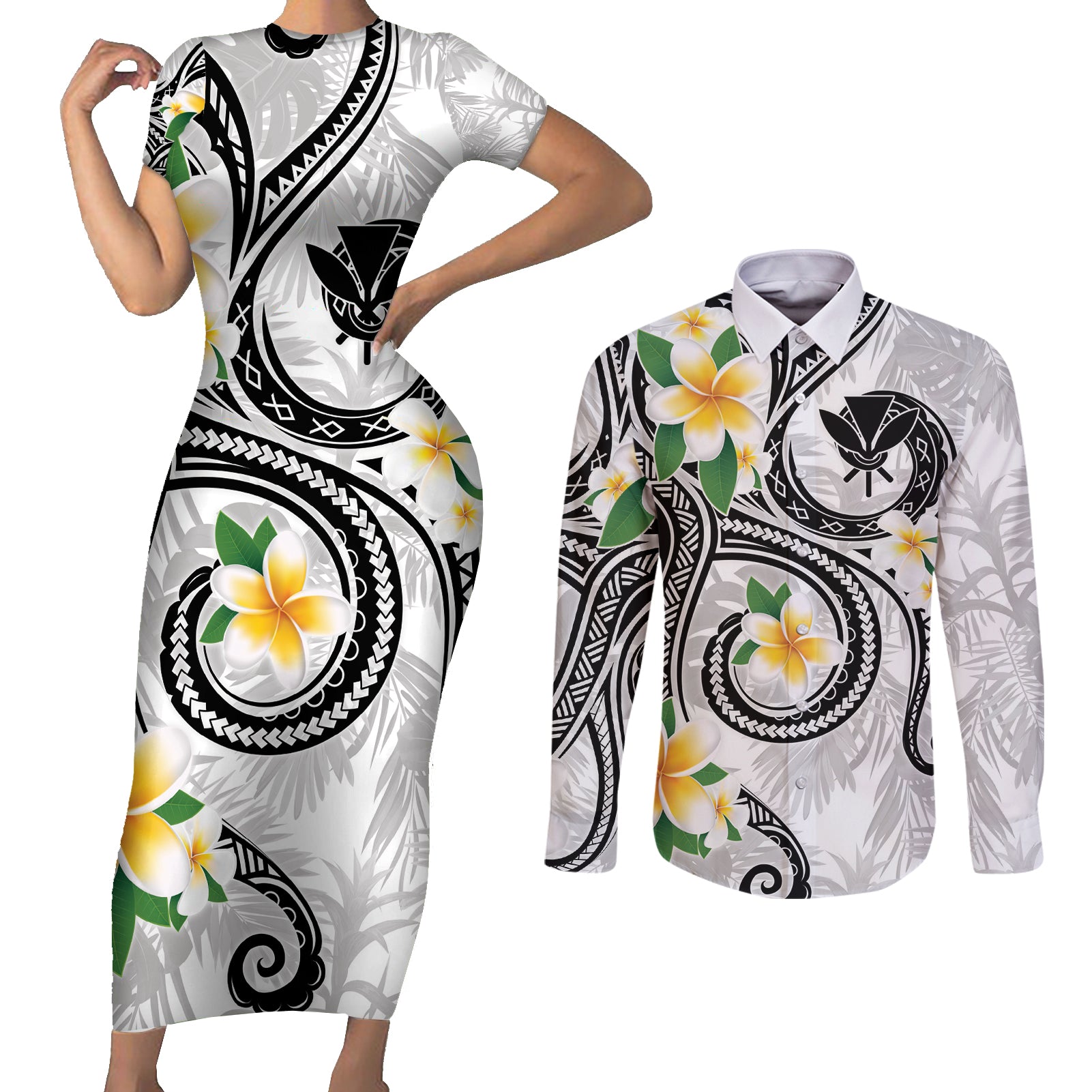 Kanaka Maoli Hawaii Plumeria Couples Matching Short Sleeve Bodycon Dress and Long Sleeve Button Shirt Dancing Tentacles White Style