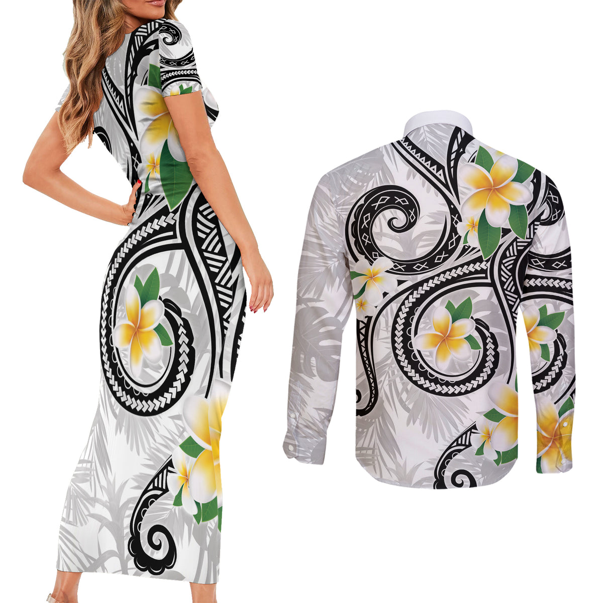 Kanaka Maoli Hawaii Plumeria Couples Matching Short Sleeve Bodycon Dress and Long Sleeve Button Shirt Dancing Tentacles White Style