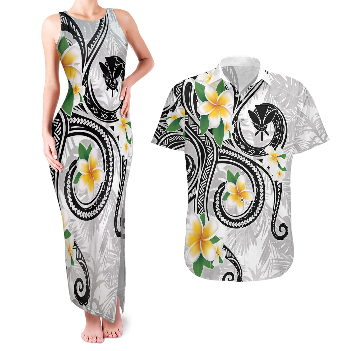 Kanaka Maoli Hawaii Plumeria Couples Matching Tank Maxi Dress and Hawaiian Shirt Dancing Tentacles White Style