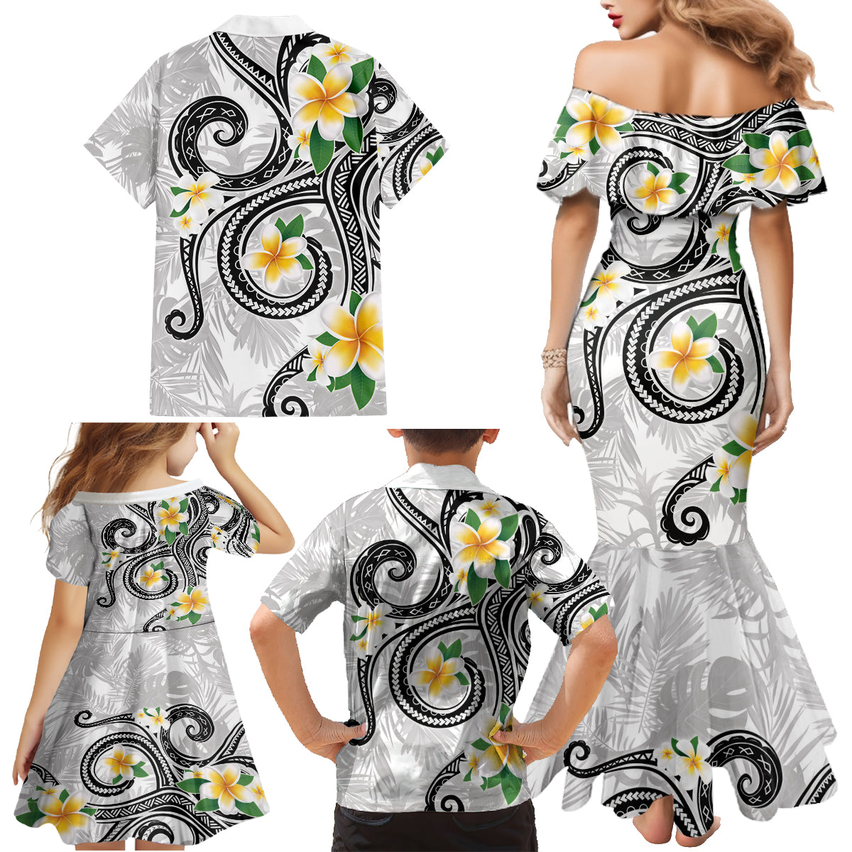 Kanaka Maoli Hawaii Plumeria Family Matching Mermaid Dress and Hawaiian Shirt Dancing Tentacles White Style