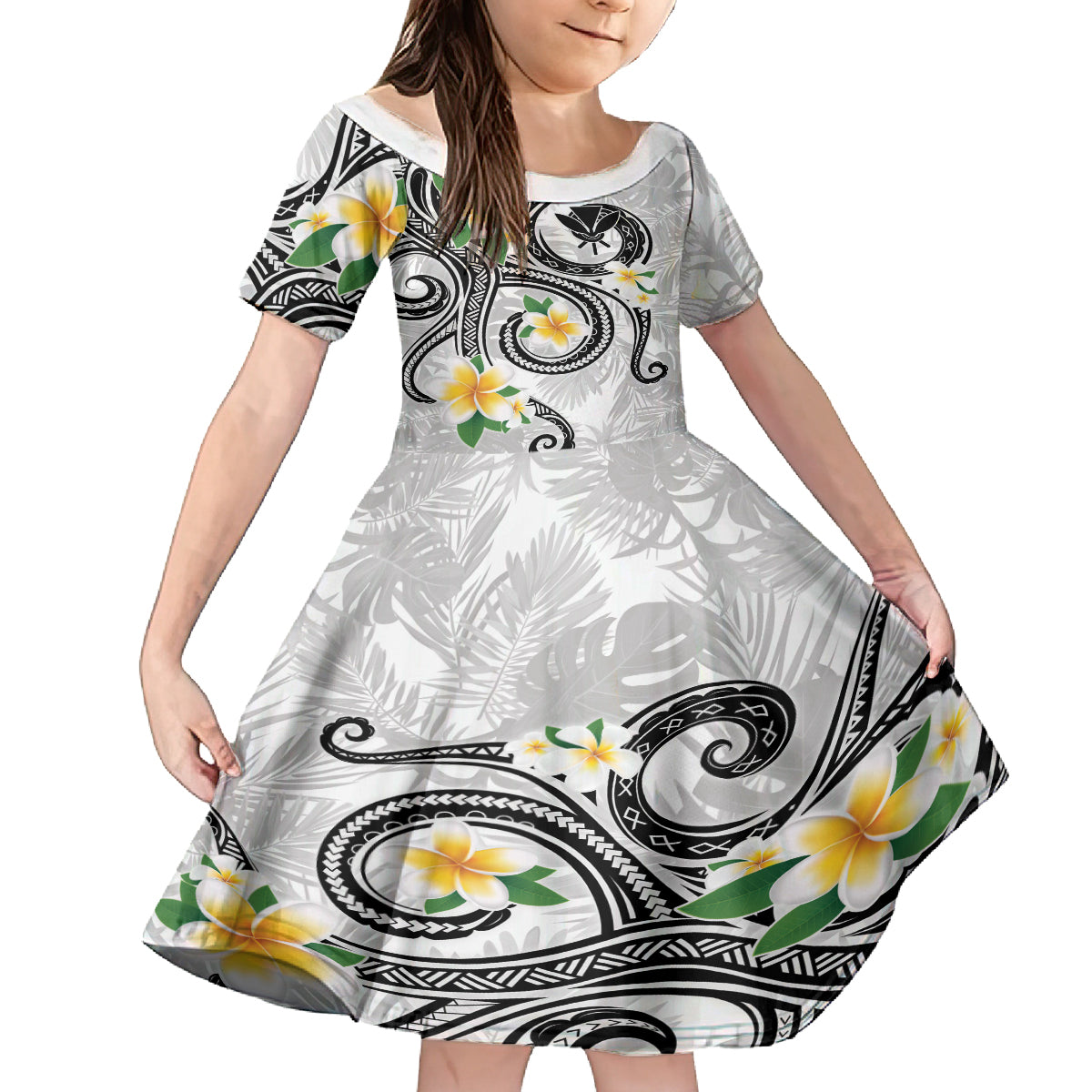 Kanaka Maoli Hawaii Plumeria Family Matching Off Shoulder Maxi Dress and Hawaiian Shirt Dancing Tentacles White Style