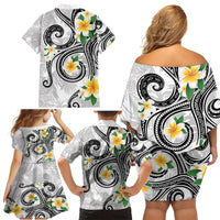 Kanaka Maoli Hawaii Plumeria Family Matching Off Shoulder Short Dress and Hawaiian Shirt Dancing Tentacles White Style