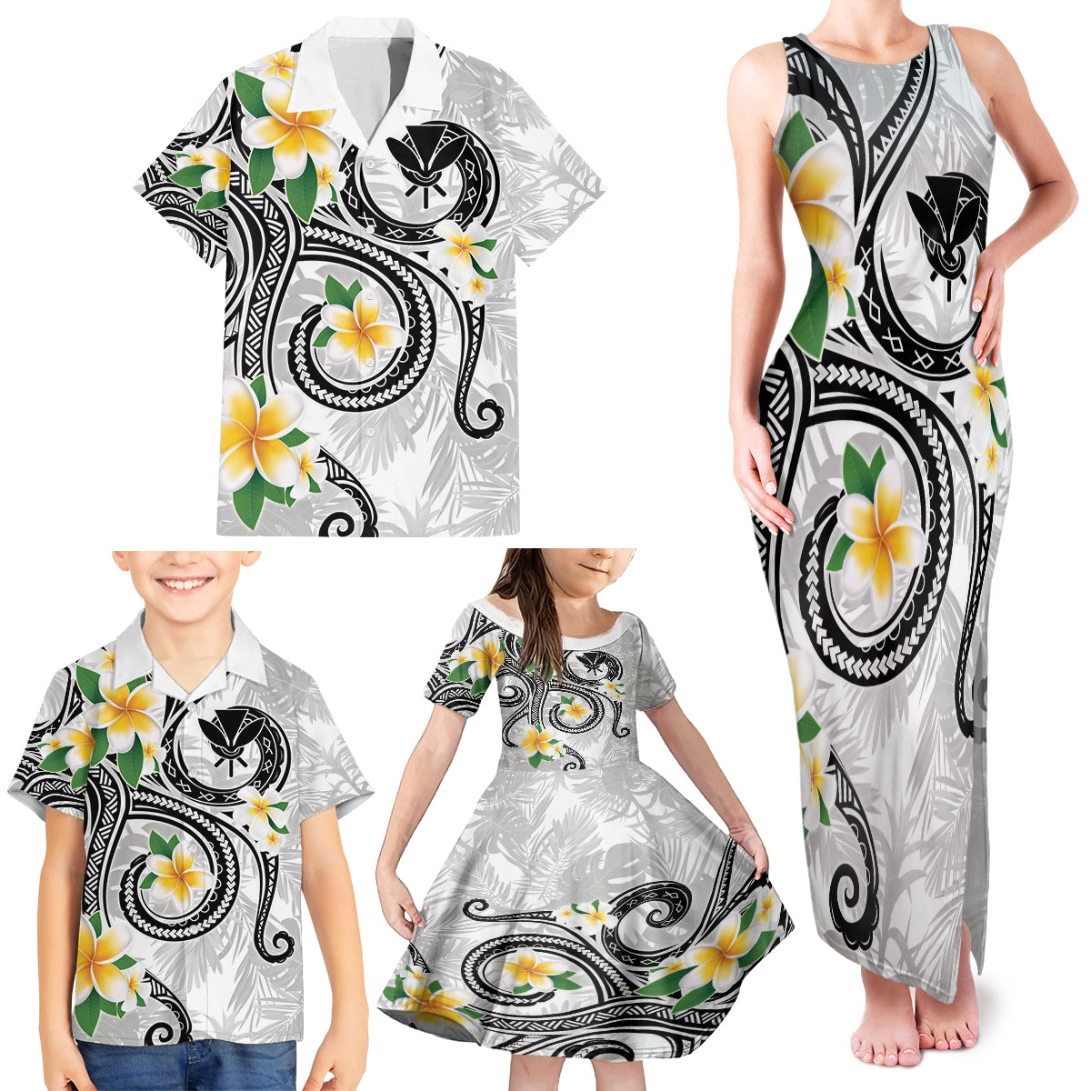 Kanaka Maoli Hawaii Plumeria Family Matching Tank Maxi Dress and Hawaiian Shirt Dancing Tentacles White Style