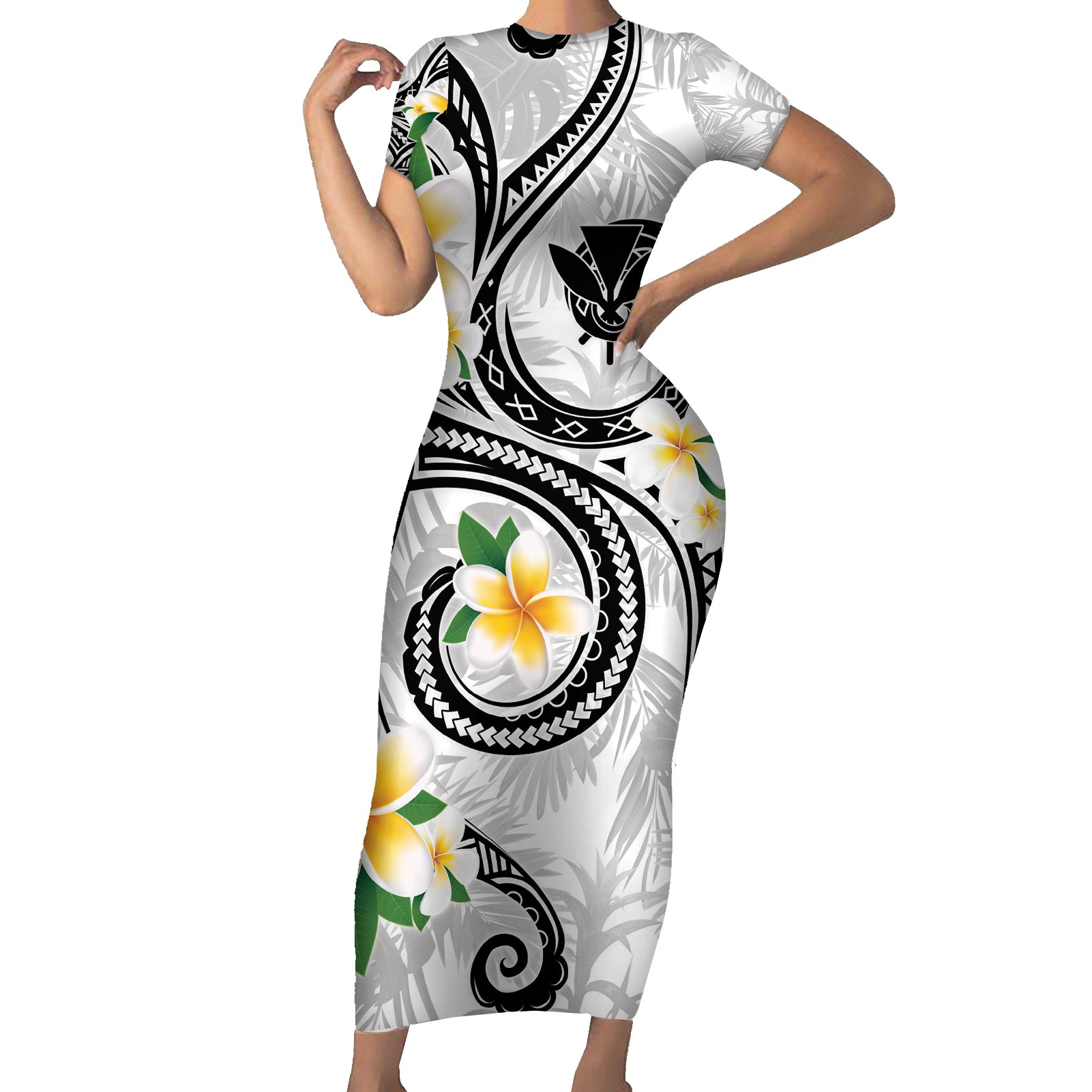 Kanaka Maoli Hawaii Plumeria Short Sleeve Bodycon Dress Dancing Tentacles White Style