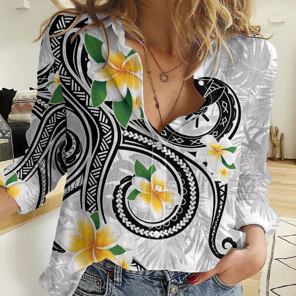 Kanaka Maoli Hawaii Plumeria Women Casual Shirt Dancing Tentacles White Style