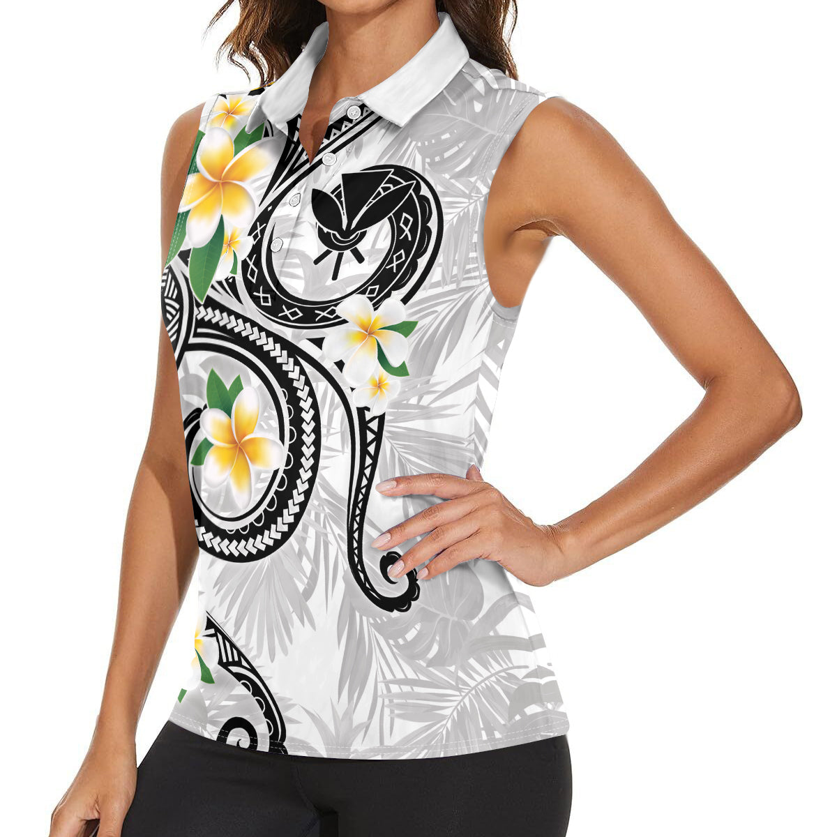 Kanaka Maoli Hawaii Plumeria Women Sleeveless Polo Shirt Dancing Tentacles White Style