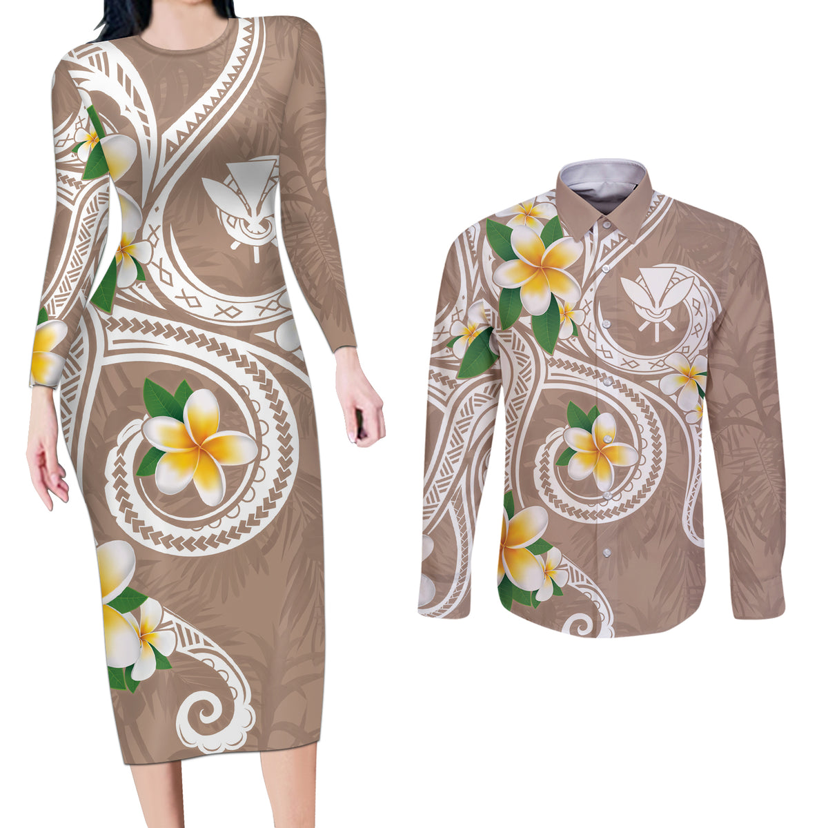 Kanaka Maoli Hawaii Plumeria Couples Matching Long Sleeve Bodycon Dress and Long Sleeve Button Shirt Dancing Tentacles Beige Style