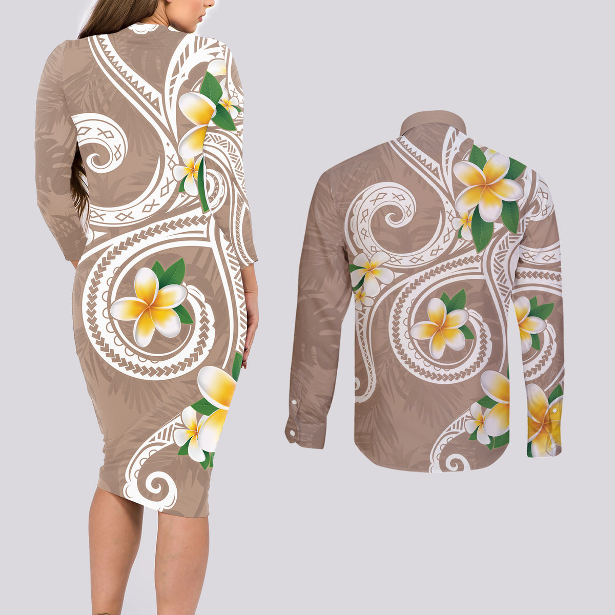 Kanaka Maoli Hawaii Plumeria Couples Matching Long Sleeve Bodycon Dress and Long Sleeve Button Shirt Dancing Tentacles Beige Style