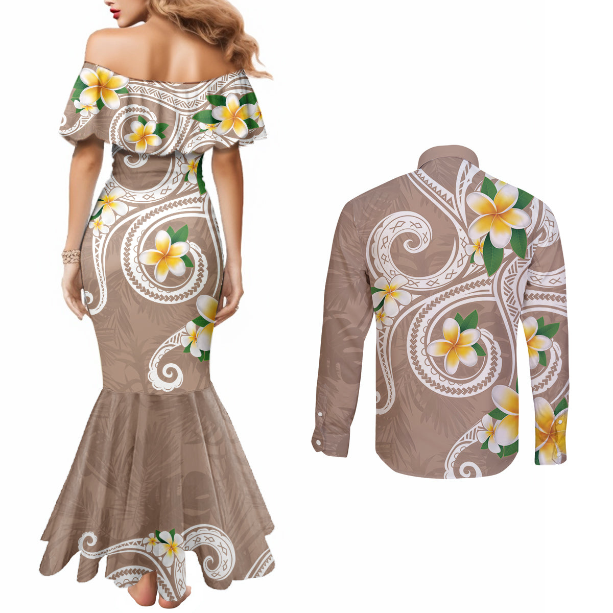 Kanaka Maoli Hawaii Plumeria Couples Matching Mermaid Dress and Long Sleeve Button Shirt Dancing Tentacles Beige Style
