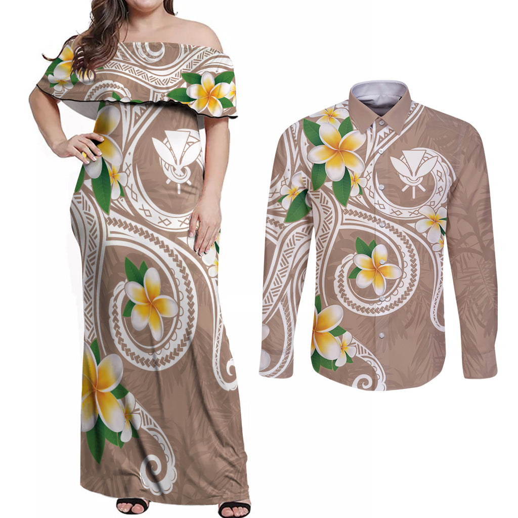 Kanaka Maoli Hawaii Plumeria Couples Matching Off Shoulder Maxi Dress and Long Sleeve Button Shirt Dancing Tentacles Beige Style