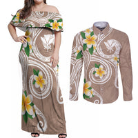 Kanaka Maoli Hawaii Plumeria Couples Matching Off Shoulder Maxi Dress and Long Sleeve Button Shirt Dancing Tentacles Beige Style