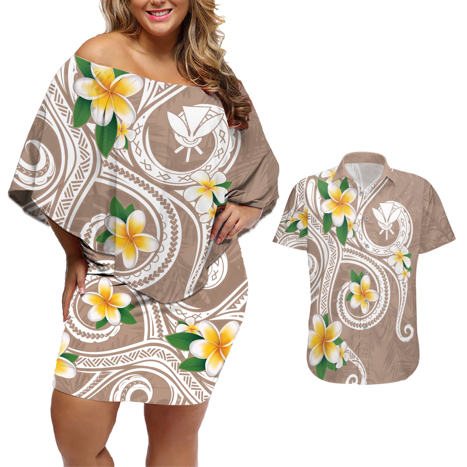 Kanaka Maoli Hawaii Plumeria Couples Matching Off Shoulder Short Dress and Hawaiian Shirt Dancing Tentacles Beige Style