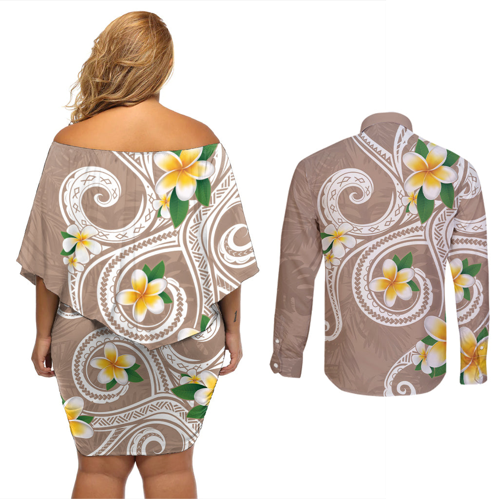 Kanaka Maoli Hawaii Plumeria Couples Matching Off Shoulder Short Dress and Long Sleeve Button Shirt Dancing Tentacles Beige Style