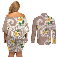 Kanaka Maoli Hawaii Plumeria Couples Matching Off Shoulder Short Dress and Long Sleeve Button Shirt Dancing Tentacles Beige Style